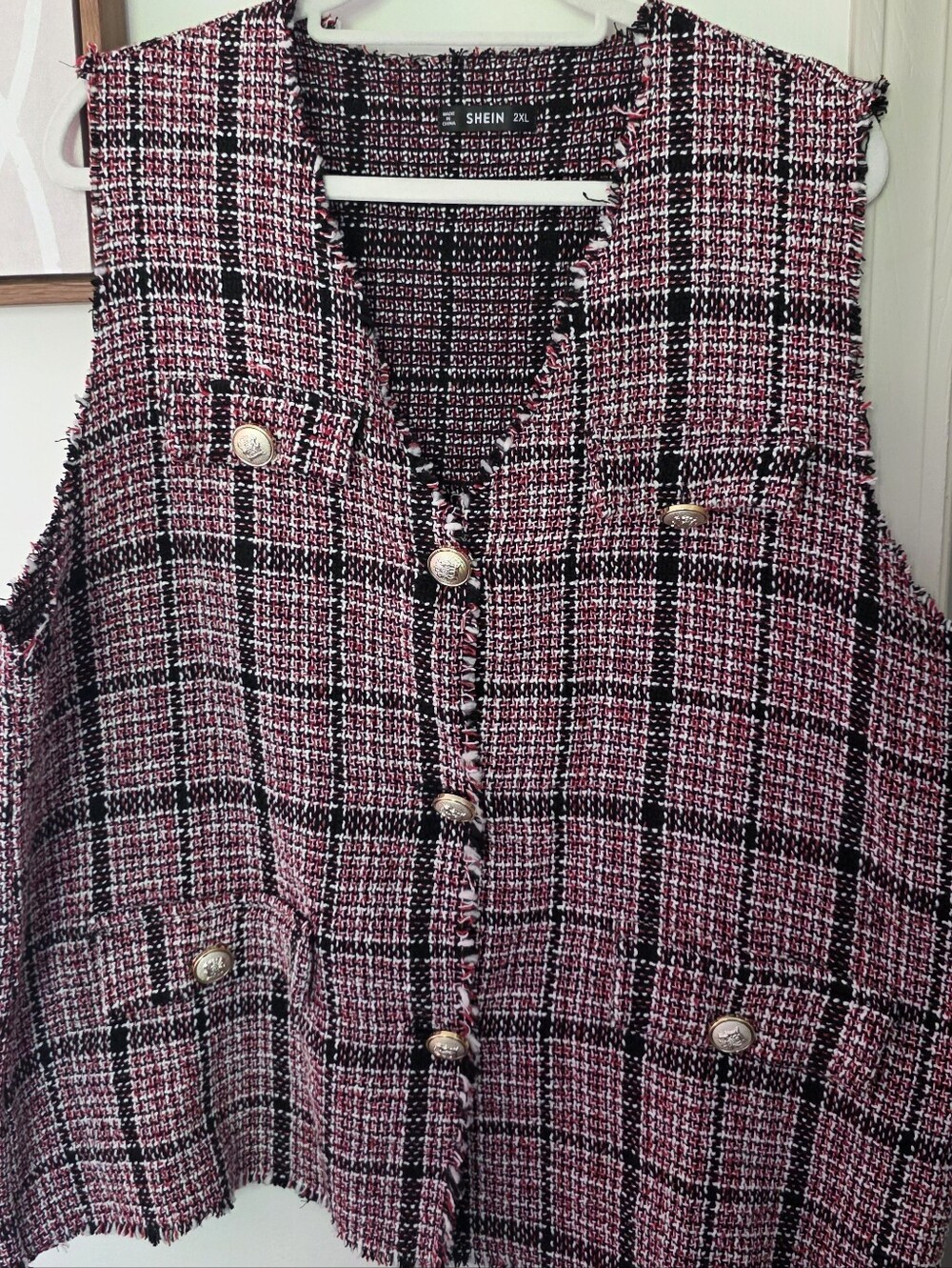 SHEIN Pink & Black Tweed Button Front Vest